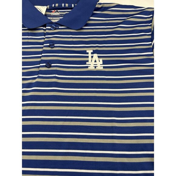 MAJESTIC COOL BASE LA DODGERS MENS GOLF POLO SHIRT BLUE GRAY WHITE STRIPED 2XL - Picture 2 of 5
